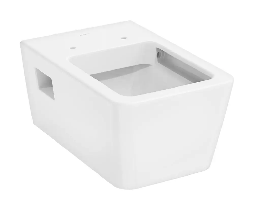 Weißes wandmontiertes WC mit offenem Spülrand und integrierten Abläufen, präsentiert von Hansgrohe.